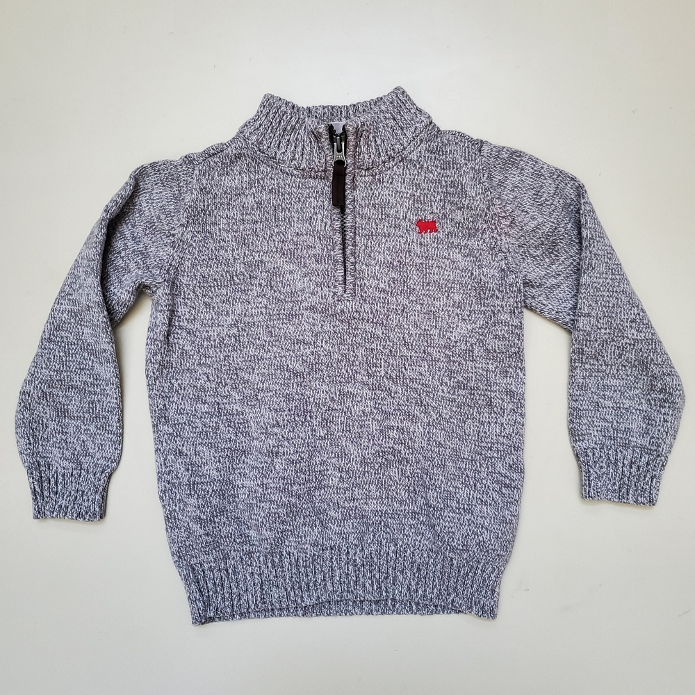 Grey 1/2 Zip Up Sweater with Red Embroidered Bear Accent